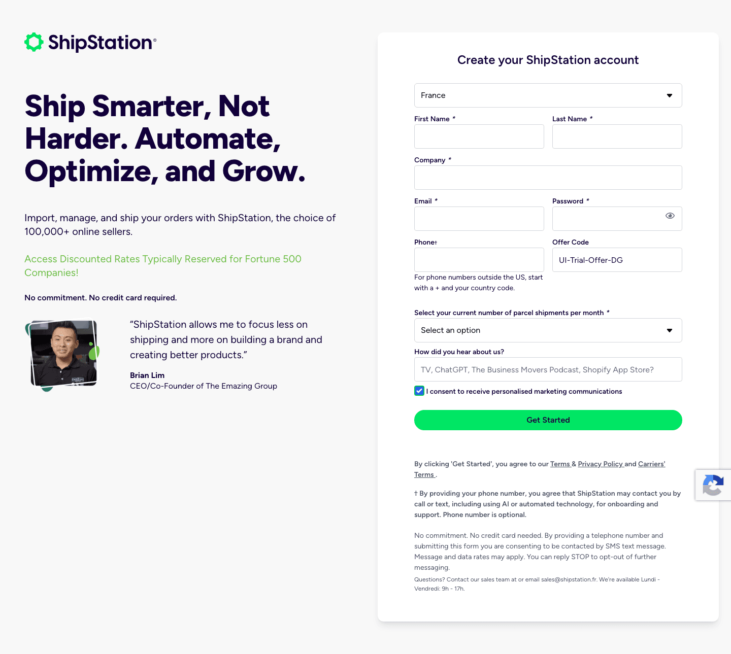 ShipStation's hero: the promise on the left, the account form on the right, a named customer under both
