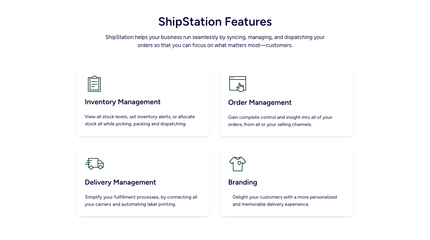 ShipStation's feature grid: four names, four sentences