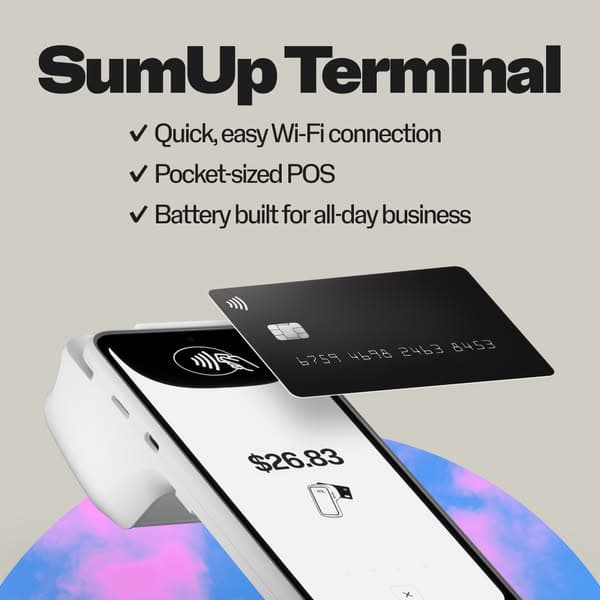 SumUp's Terminal card: the device, a $26.83 sale on its screen, and three specs