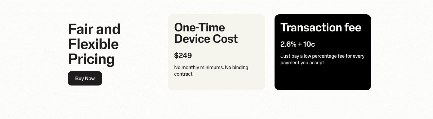 SumUp's pricing band: $249 one time, 2.6% plus 10 cents per payment, none of which is on the card
