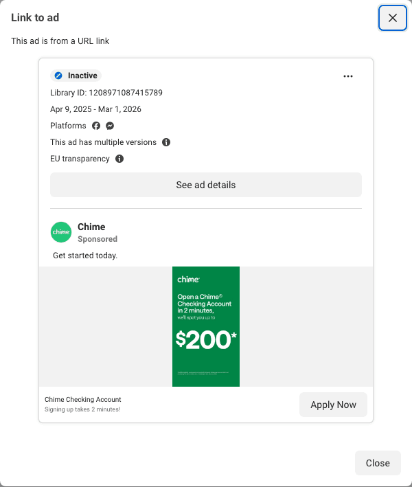 Chime's 326-day card: a time and a dollar amount, nothing else