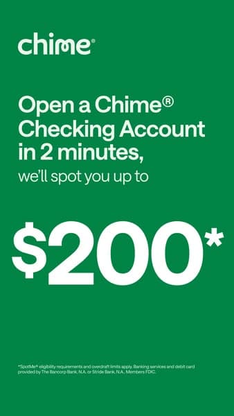 Chime's 326-day card: a time and a dollar amount, nothing else
