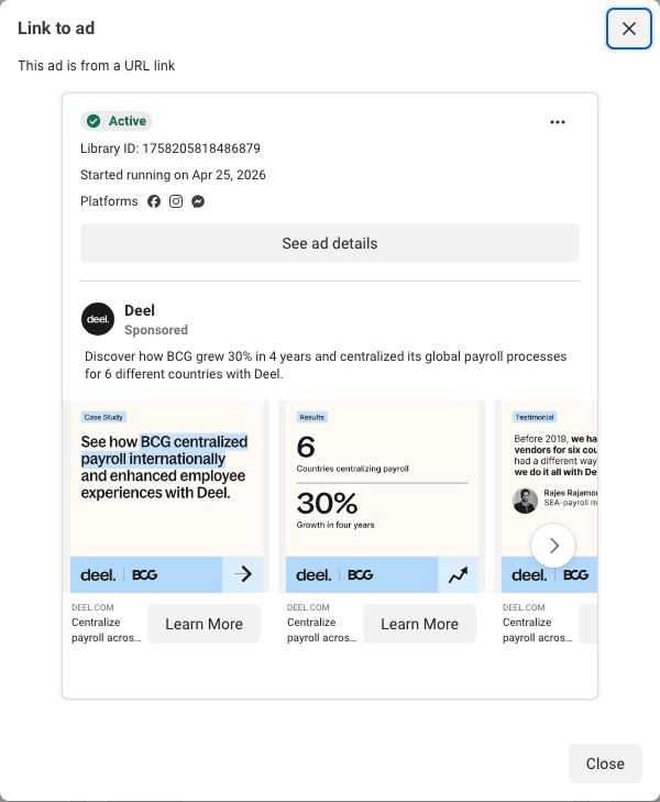 Deel's BCG card: a case-study label, then 6 countries and 30% growth on the next two panels