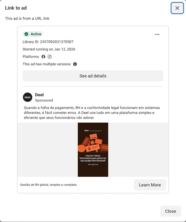 Deel's 231-day card in Portuguese: a pile of orange documents and an alert, then Switch to Deel