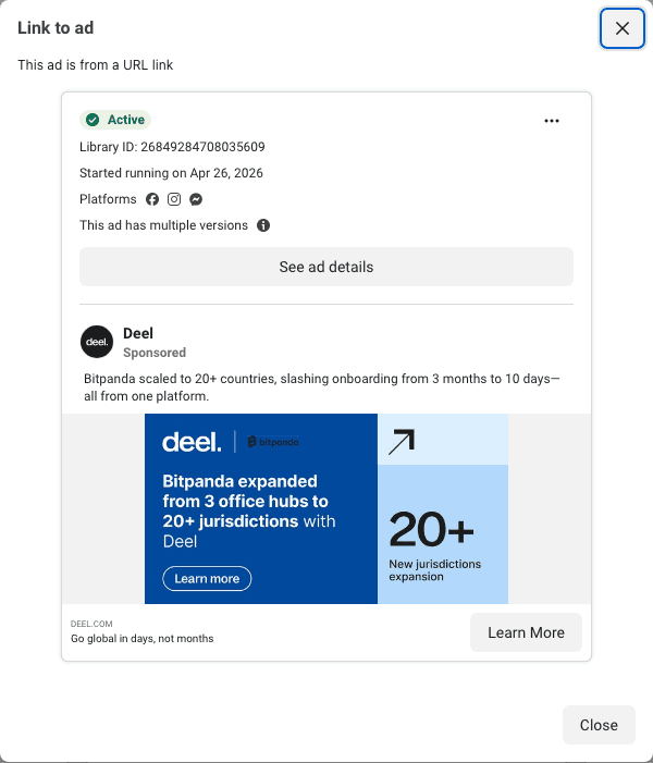 The 127-day relaunch: the same text, the same picture and the same link headline, started 26 April 2026