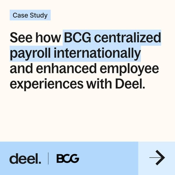 Deel's BCG case-study card, 122 days: a logo, a number in the body, one arrow