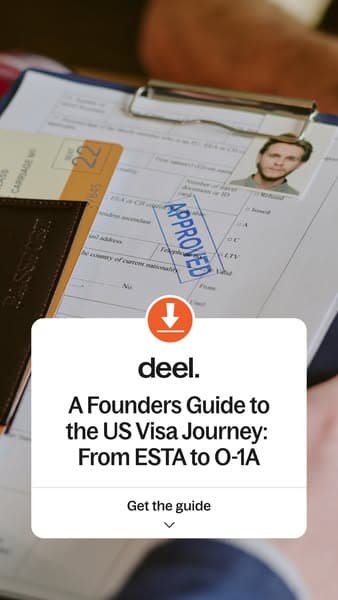 Deel's 128-day card: a passport stamped APPROVED, a download icon and the title of the visa guide