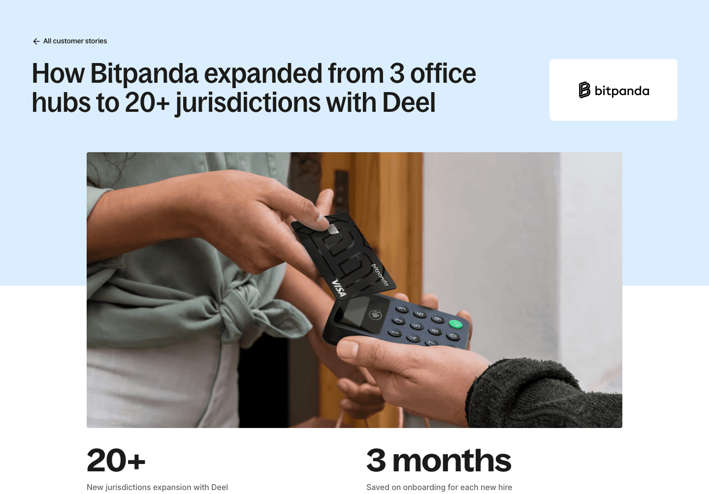 Deel's Bitpanda story, where a card that ran 217 days lands: the ad's sentence as the headline, 20+ and 3 months under the photo