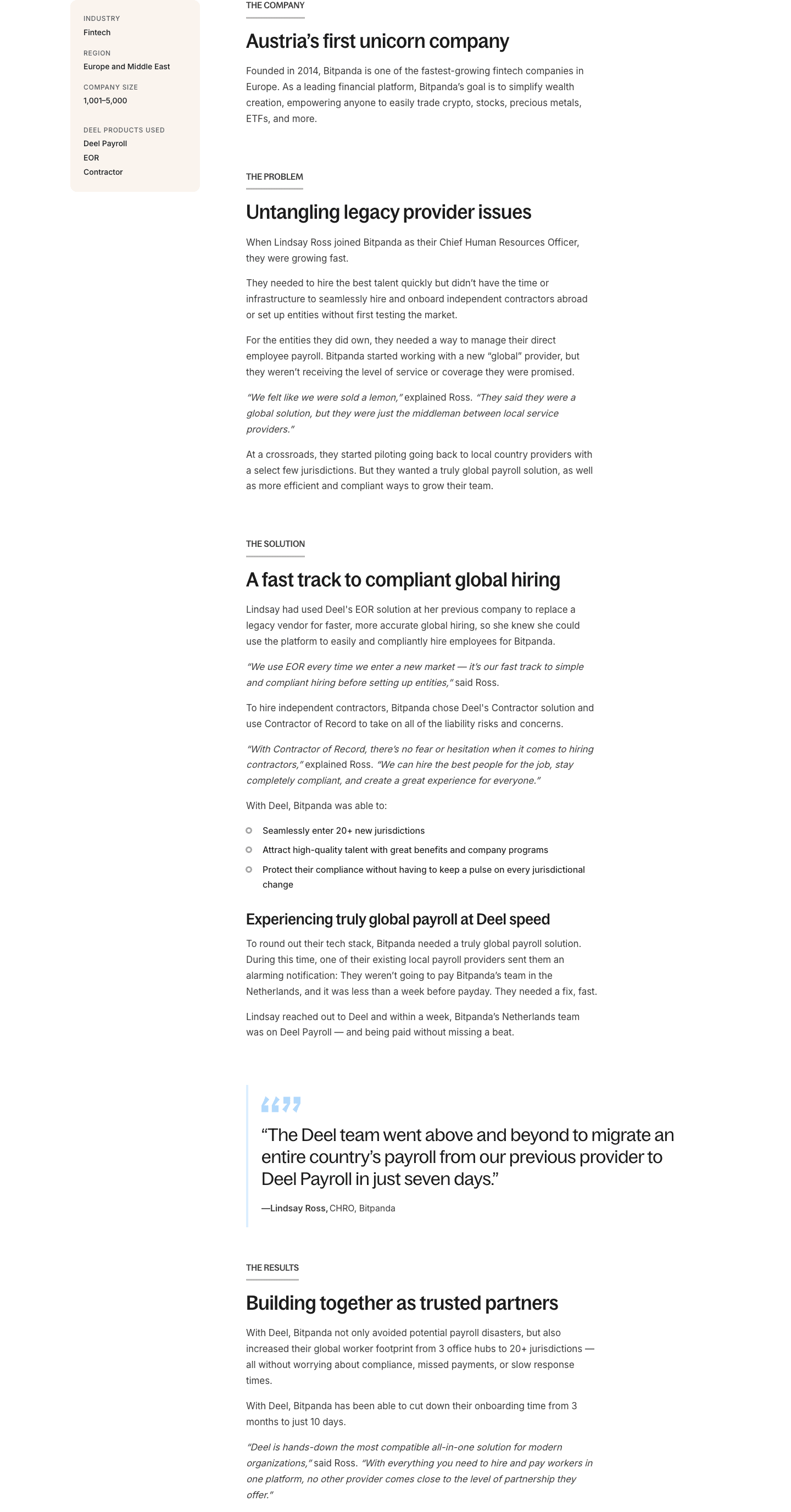 The story itself: a sidebar with the industry, region and company size, then the company, the problem and the solution