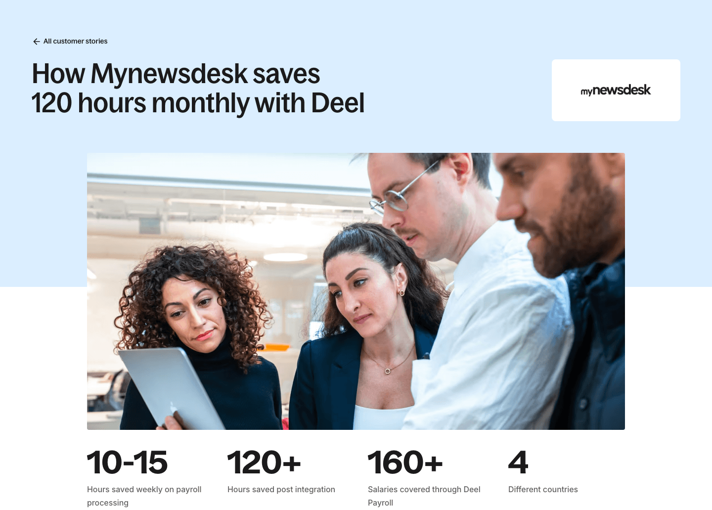Deel's Mynewsdesk story: the headline counts 120 hours saved a month, and four figures sit under the photo