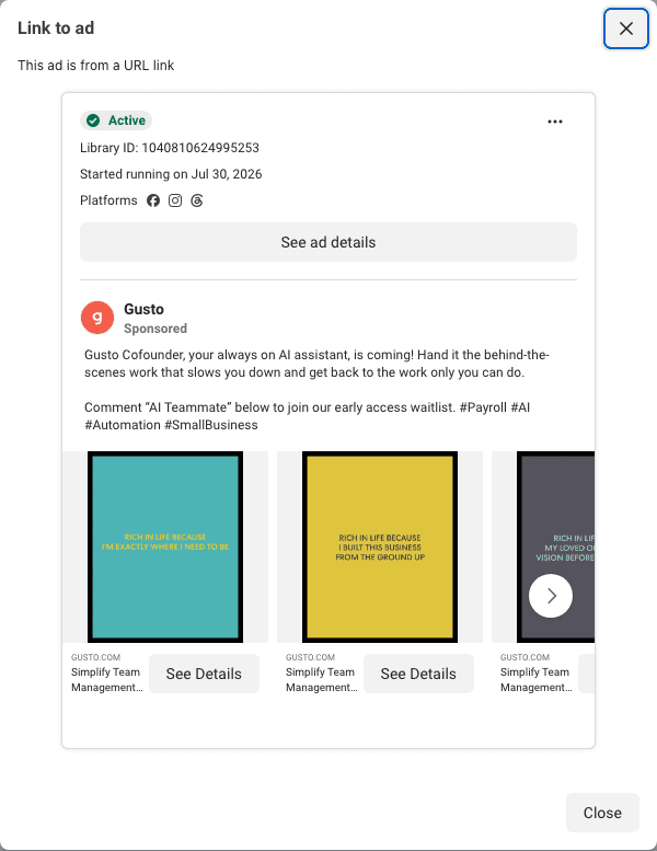 Gusto's Cofounder carousel: the AI assistant announced in the text, a waitlist you join by commenting, three panels of founders' quotes