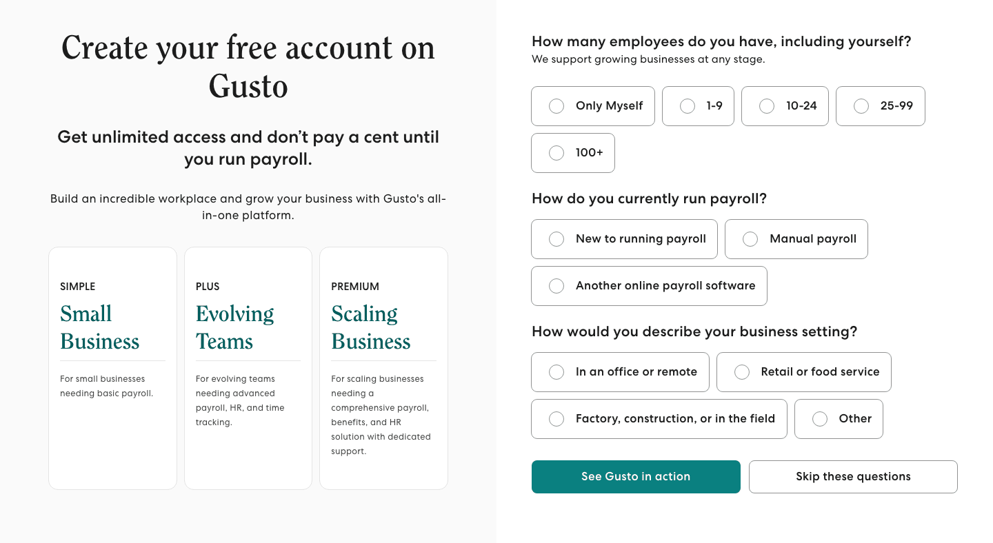 Gusto's payroll-041 page: create your free account, three plan cards, and three questions before See Gusto in action