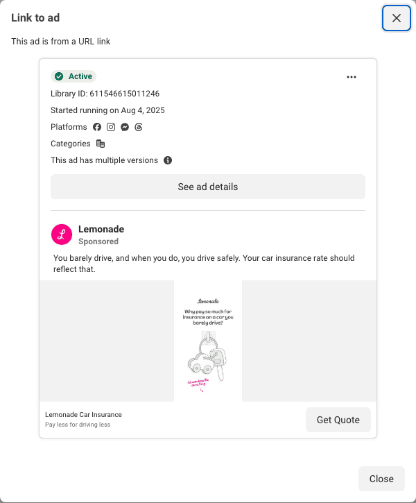 Lemonade's 386-day card: why pay so much for insurance on a car you barely drive? A keyring drawn in pen, and a pink handwritten answer, we wondered the same thing