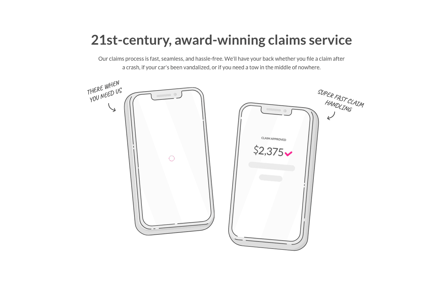 Lemonade: two phone screens under "21st-century, award-winning claims service", one showing a claim approved