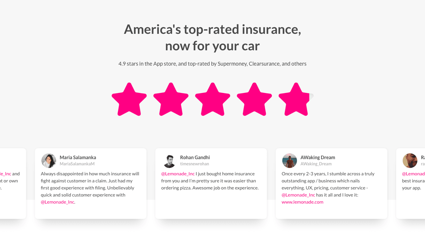 Lemonade: five pink stars, 4.9 in the App Store, and a wall of tweets