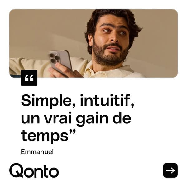 Qonto's carousel card: a photo, one quote in quotation marks, and a first name under it