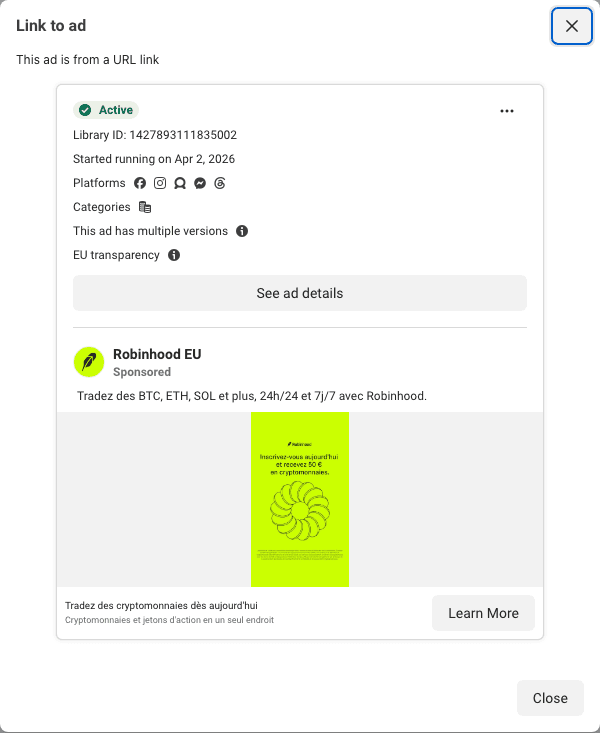 Robinhood EU's 145-day French card: sign up today and get €50 in crypto, in lime green, under a primary text about trading BTC, ETH and SOL 24/7