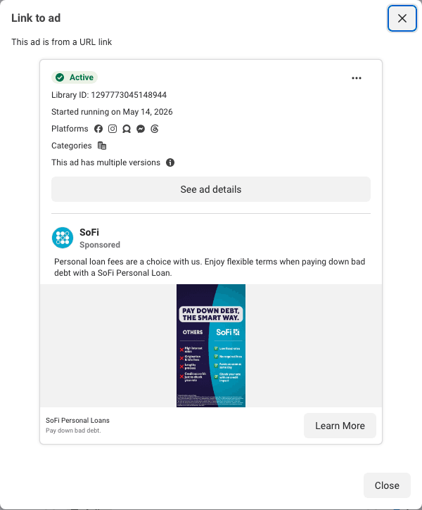 SoFi's comparison card, the one creative in the set that puts two products side by side: OTHERS in red crosses, SoFi in green ticks