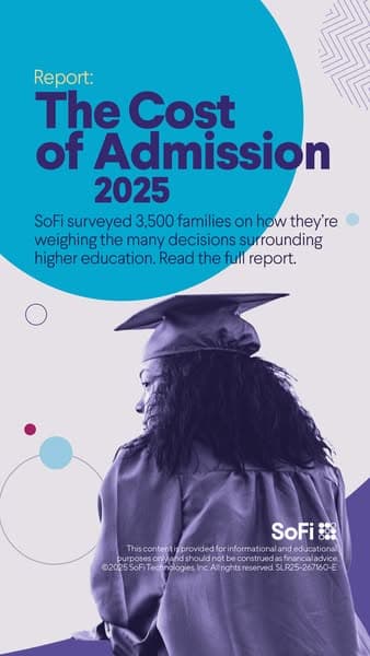 SoFi's report cover: The Cost of Admission 2025, a graduate in a cap seen from behind, and the question about deciding factors in the link line