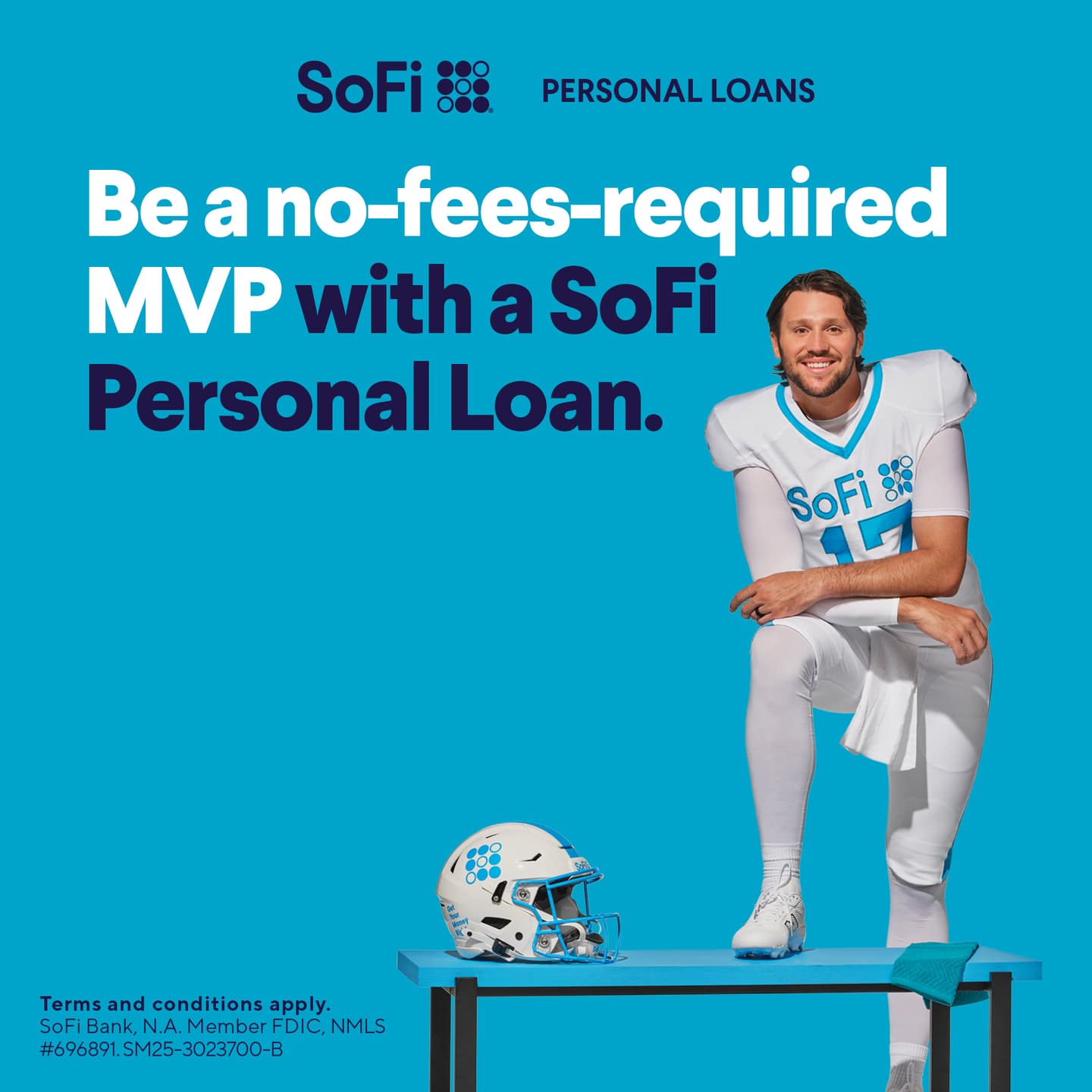 SoFi: be a no-fees-required MVP. One athlete, one sentence, the FDIC and NMLS line in the corner