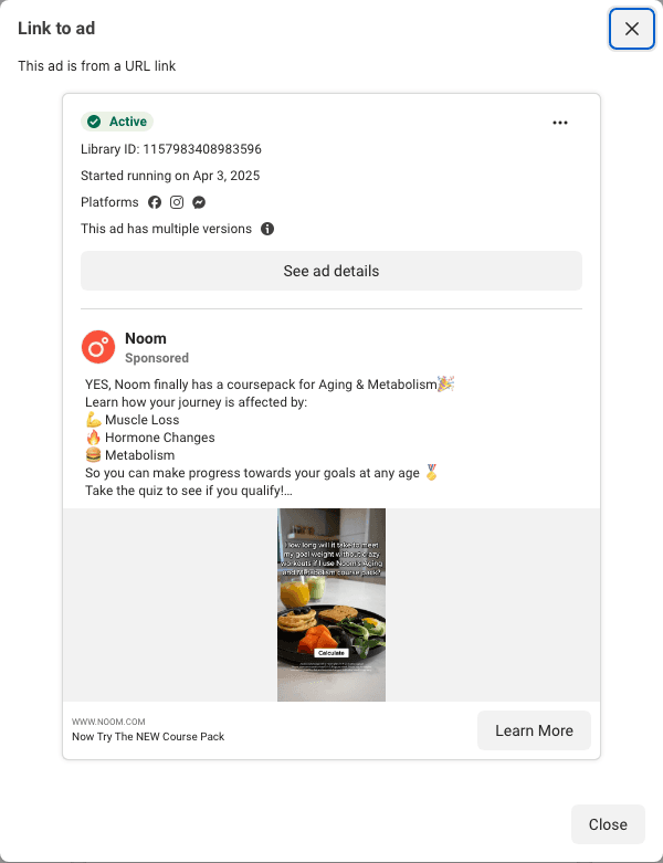 Noom's 516-day card: the same course-pack text over a breakfast plate, "How long will it take to reach my goal weight"