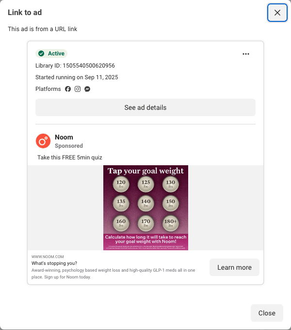 Noom's 355-day card, the pounds version of the goal-weight grid