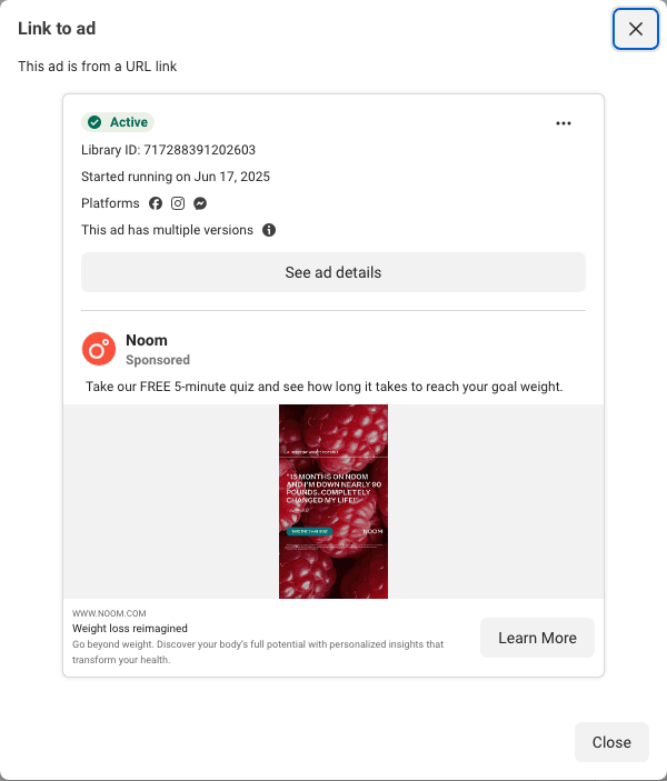 Noom: a customer quote over raspberries, with a Take the Quiz button under it