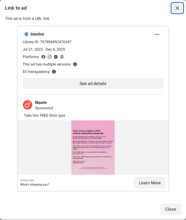 Noom: a flat pink card, a page of small type, addressed to people who do not want medication