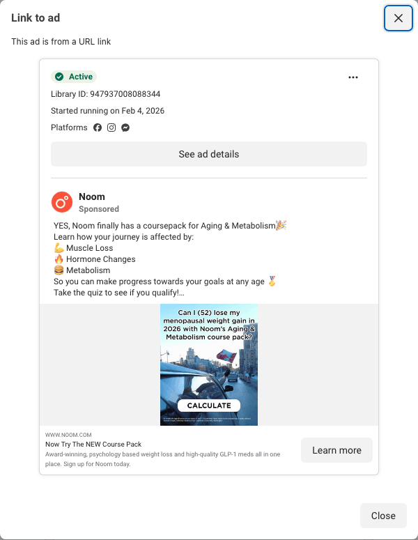 Noom's 209-day card: a question in the first person, "Can I (52) lose my menopausal weight gain", and a Calculate button