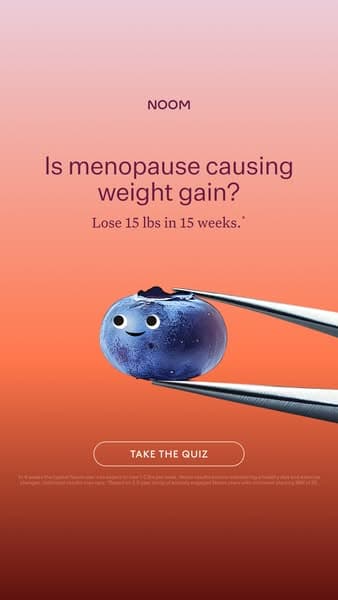 Noom's 200-day creative: a blueberry in tweezers under "Is menopause causing weight gain? Lose 15 lbs in 15 weeks."