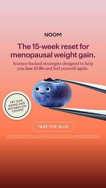 Noom's 162-day creative: the same blueberry, the same tweezers, a different line, "The 15-week reset for menopausal weight gain"