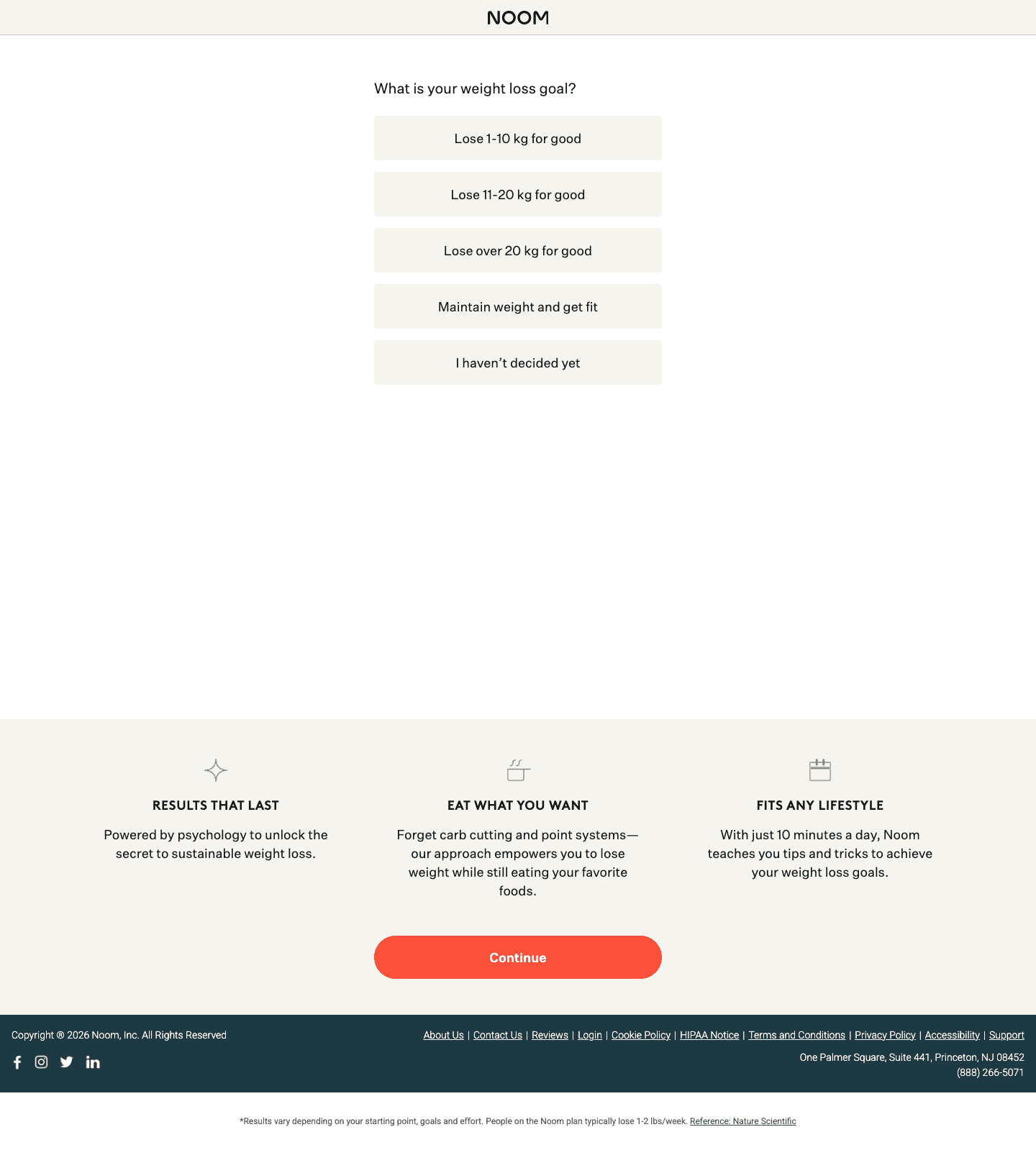 noom.com/programs/health-weight/exsf01, the whole page the ad lands on: the first question of the quiz