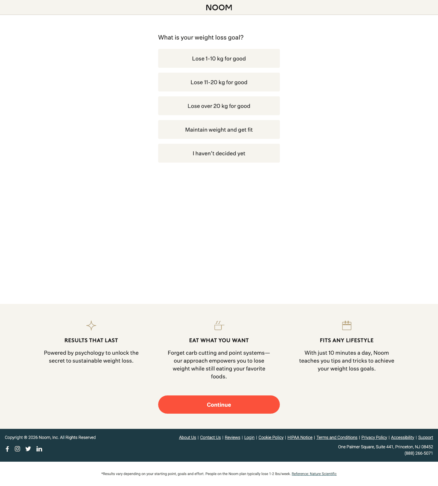 Noom's exsf01 page: question one of the quiz, five buttons, nothing else above the fold