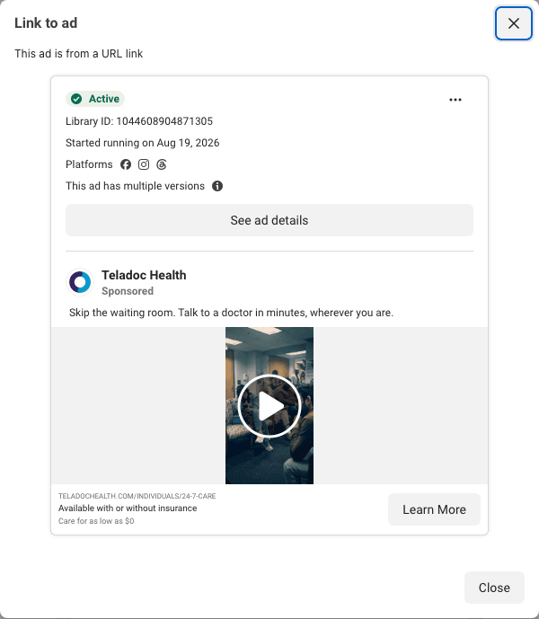 Teladoc Health's video card: "Skip the waiting room. Talk to a doctor in minutes", then the two lines under the link, "Available with or without insurance" and "Care for as low as $0"