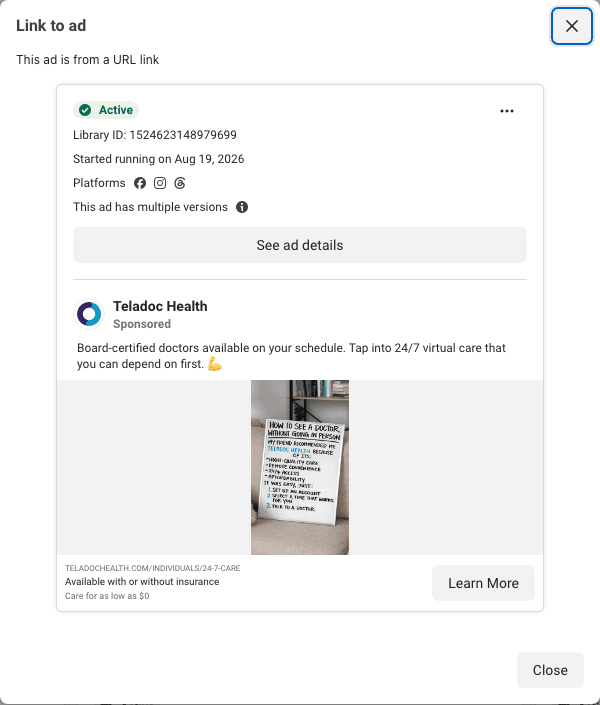 Teladoc Health's whiteboard card in the Ad Library: the primary text, the creative, and "Care for as low as $0" under the link