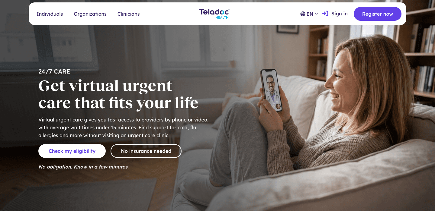 Teladoc Health hero: 24/7 care, a woman on a sofa with a doctor on her phone, two buttons