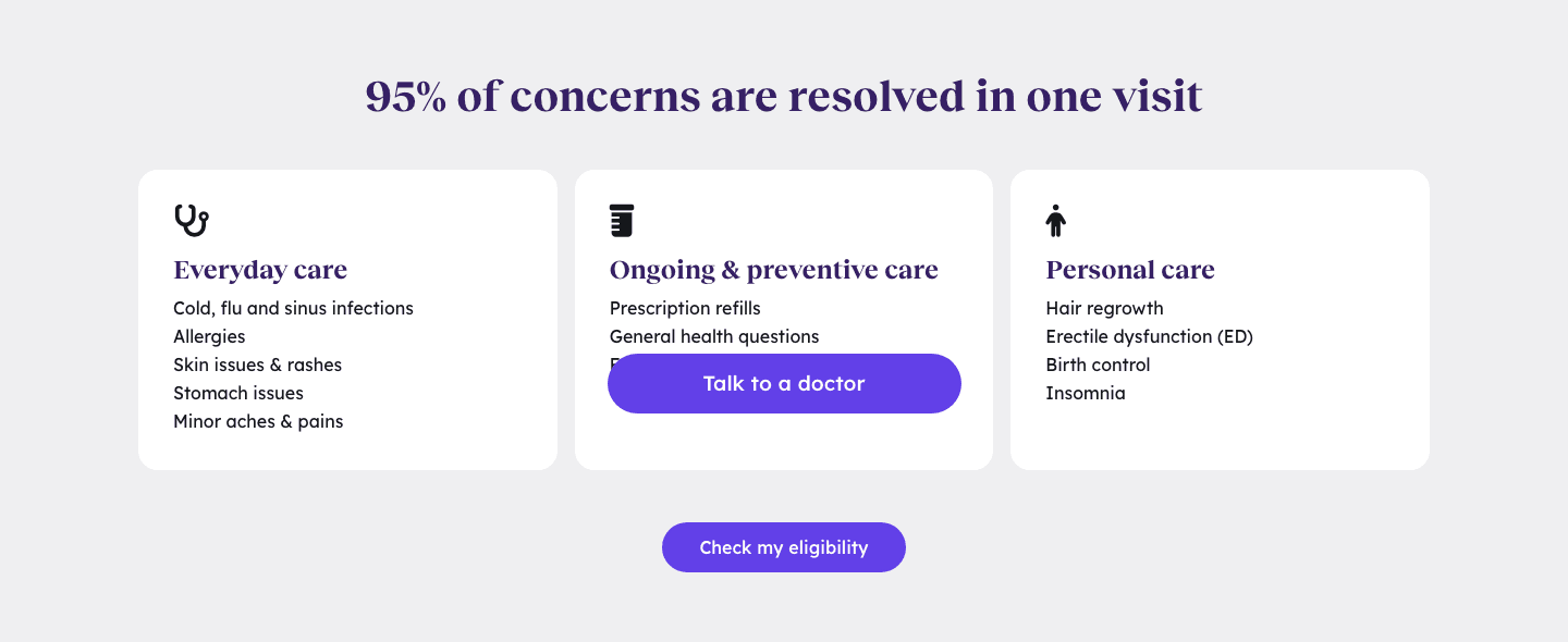 Teladoc Health services grid: 95% of concerns resolved in one visit, three columns of conditions