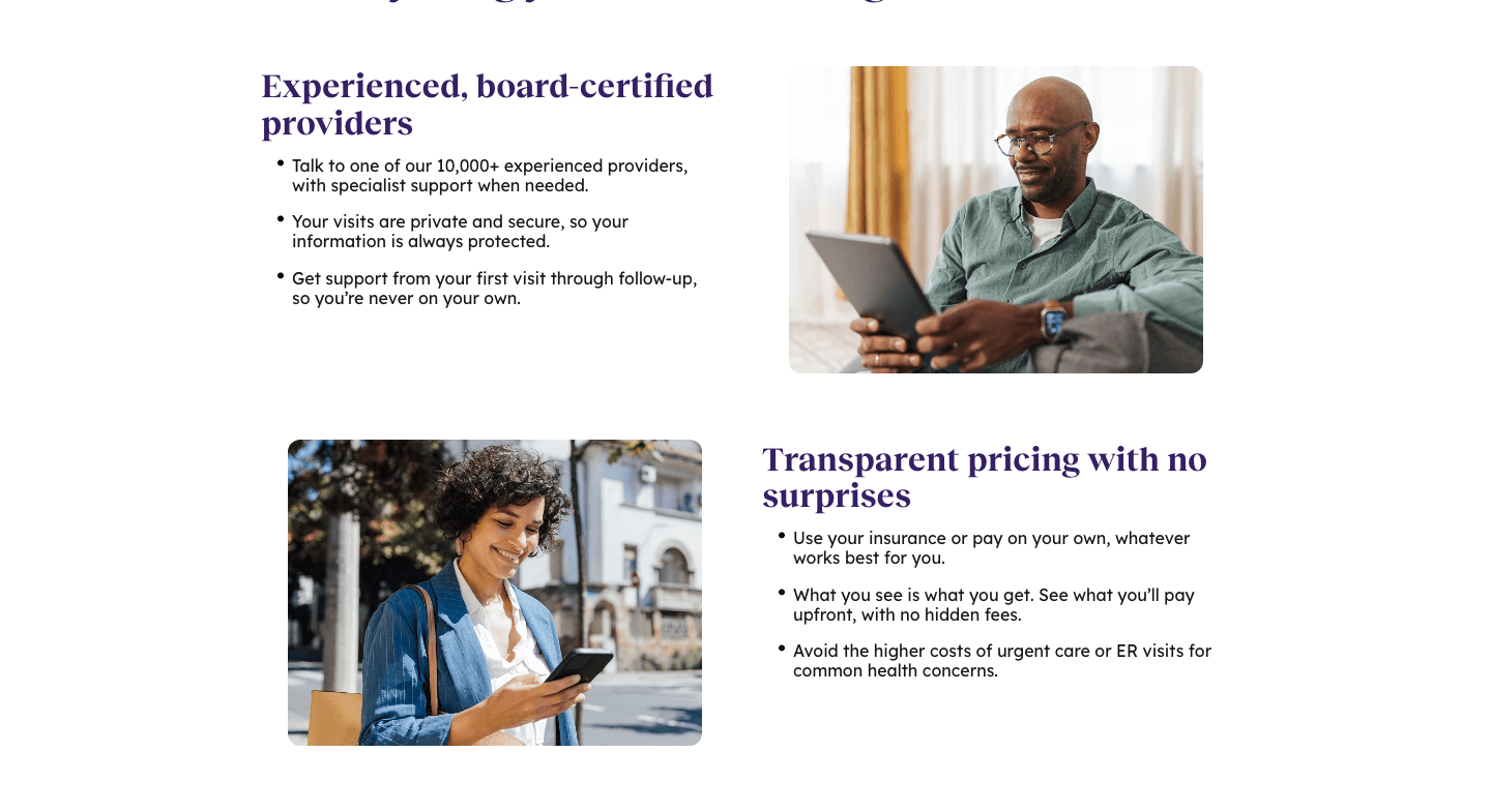 Teladoc Health proof: board-certified providers, transparent pricing with no surprises