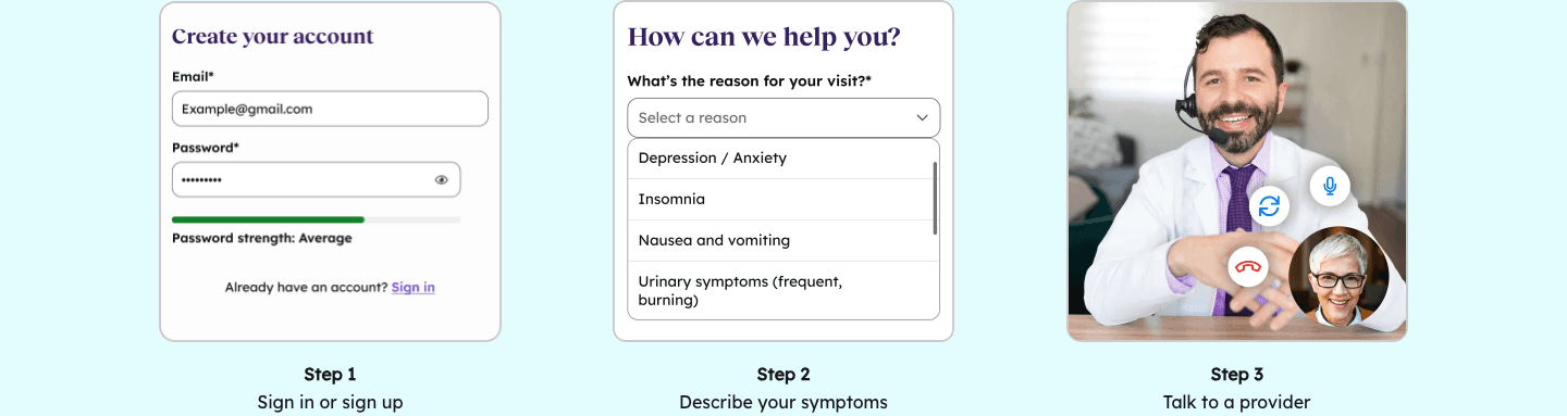 Teladoc Health steps: create your account, describe your symptoms, talk to a provider