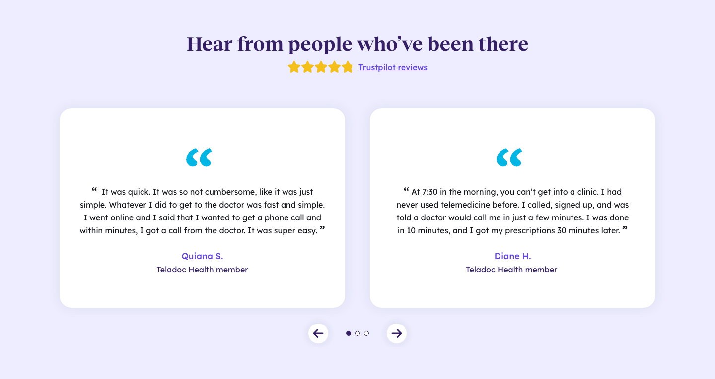 Teladoc Health testimonials: two members, Trustpilot stars, a call within minutes