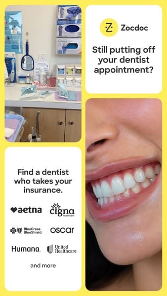 Zocdoc's 71-day creative: a dental chair, a smile, and six insurer logos under "Find a dentist who takes your insurance"