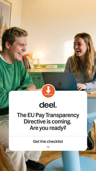 Deel's 102-day card: two colleagues laughing, and a white box asking if you are ready for the EU Pay Transparency Directive