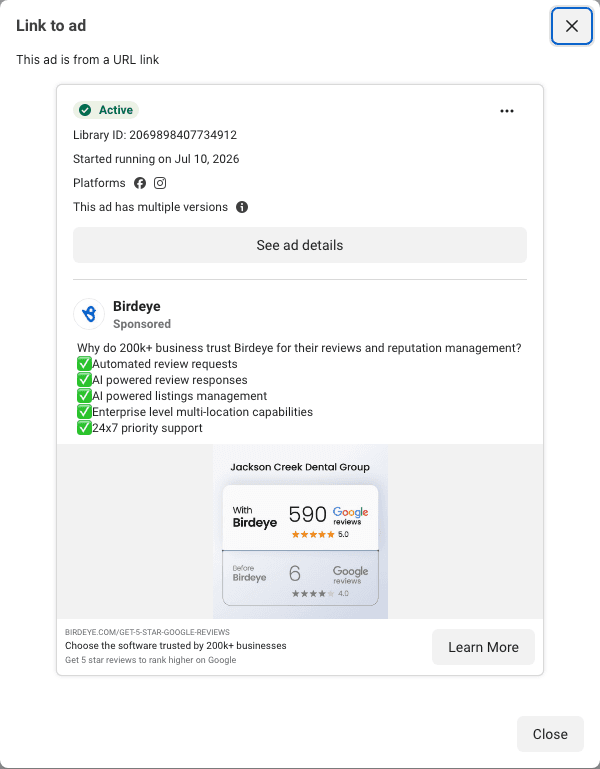 Birdeye's card: one dental practice, 6 Google reviews before, 590 after, nothing else on the picture