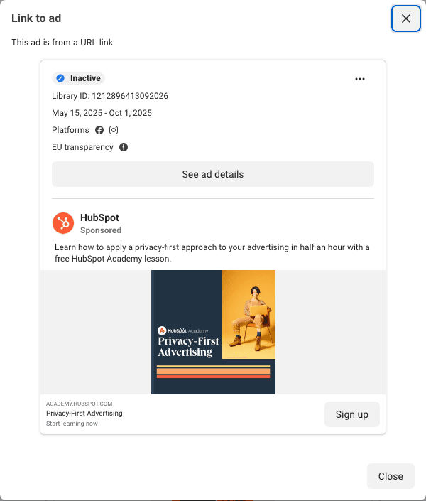HubSpot's free Academy lesson, 139 days: a course cover, half an hour, no product