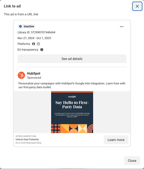 HubSpot's toolkit card: Say Hello to First-Party Data, a dotted pattern, a Download-free framing