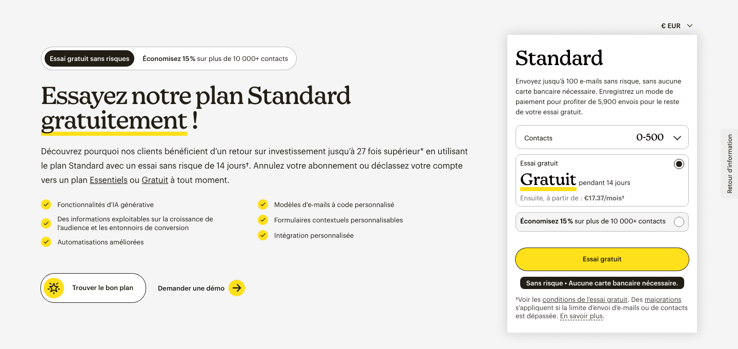 Mailchimp's plan card at the end of 38 ads: free for 14 days, then 17.37 euros a month, no card required