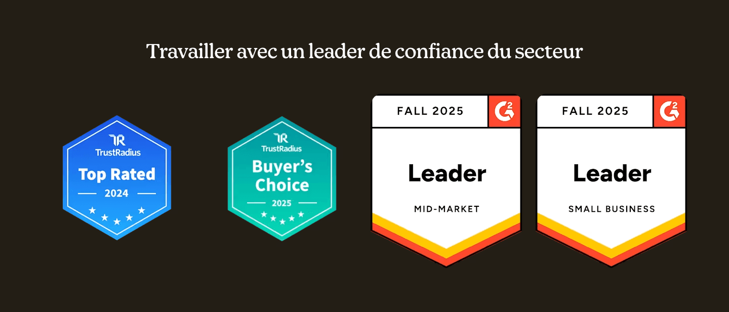 The awards band: TrustRadius Top Rated, Buyer's Choice, two G2 Leader badges