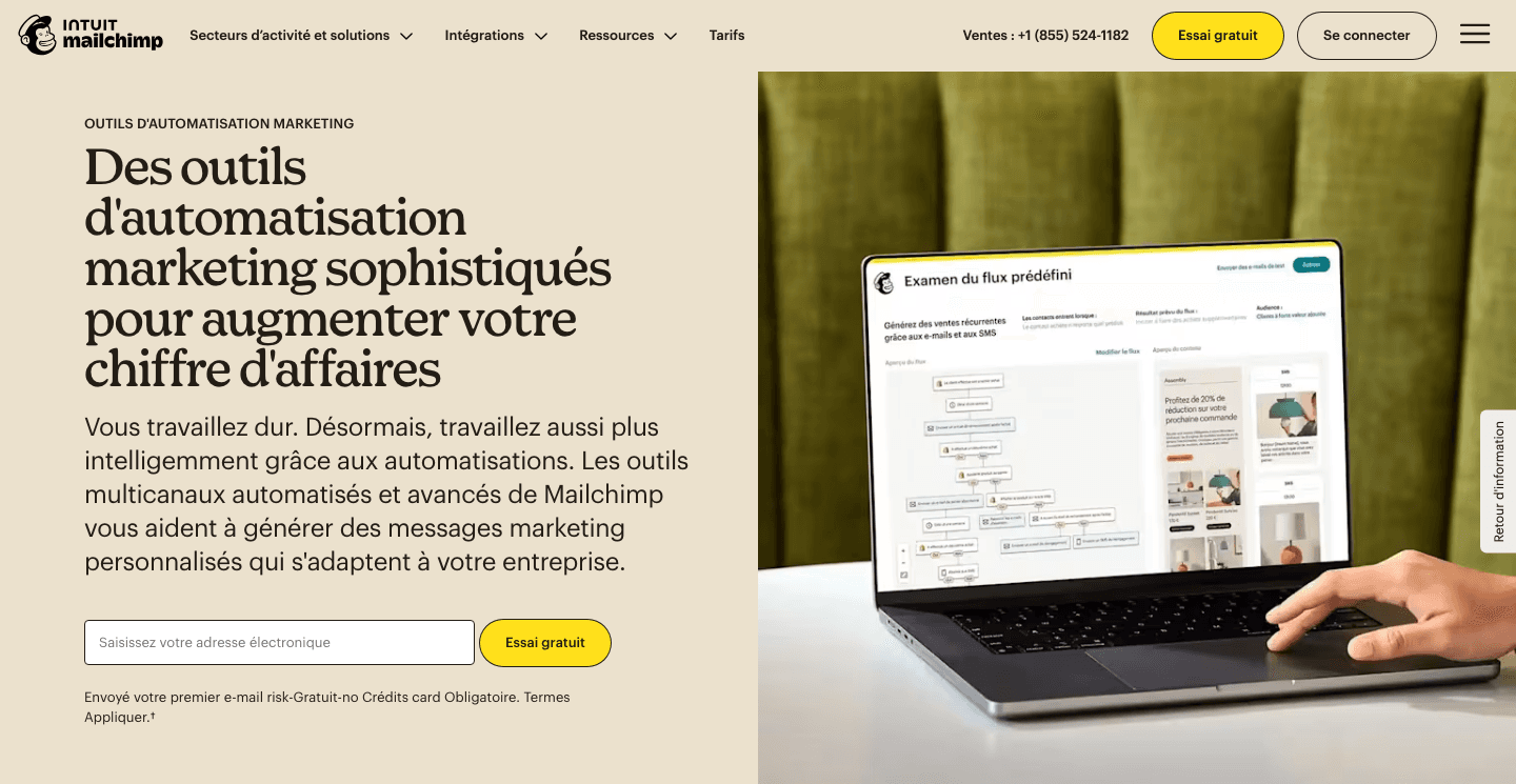 Mailchimp's automation page: a headline about revenue, one email field in the hero, a product screen beside it