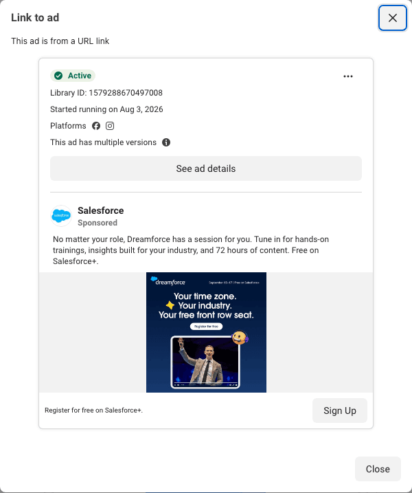 Salesforce's Dreamforce card: a speaker mid-talk, three promises stacked, a Register for free button inside the image