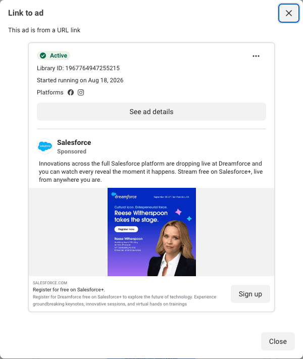 Salesforce's Dreamforce card: your time zone, your industry, your free front row seat, and a Register for free button